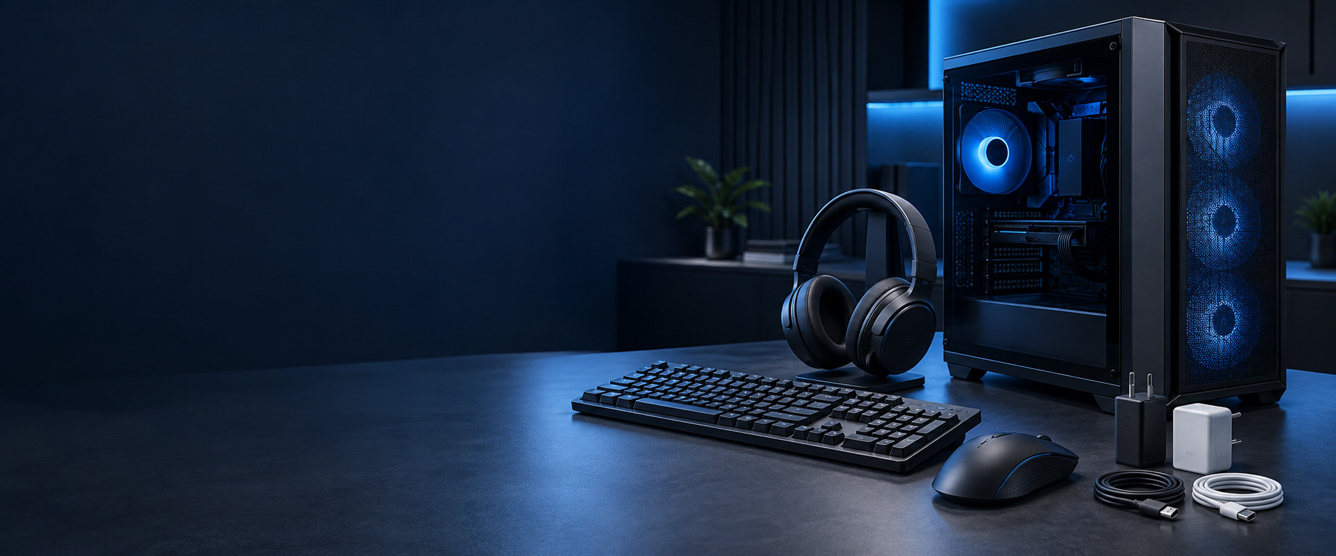 Computador, teclado, mouse, fones, carregadores e cabos em uma composição de produtos de tecnologia