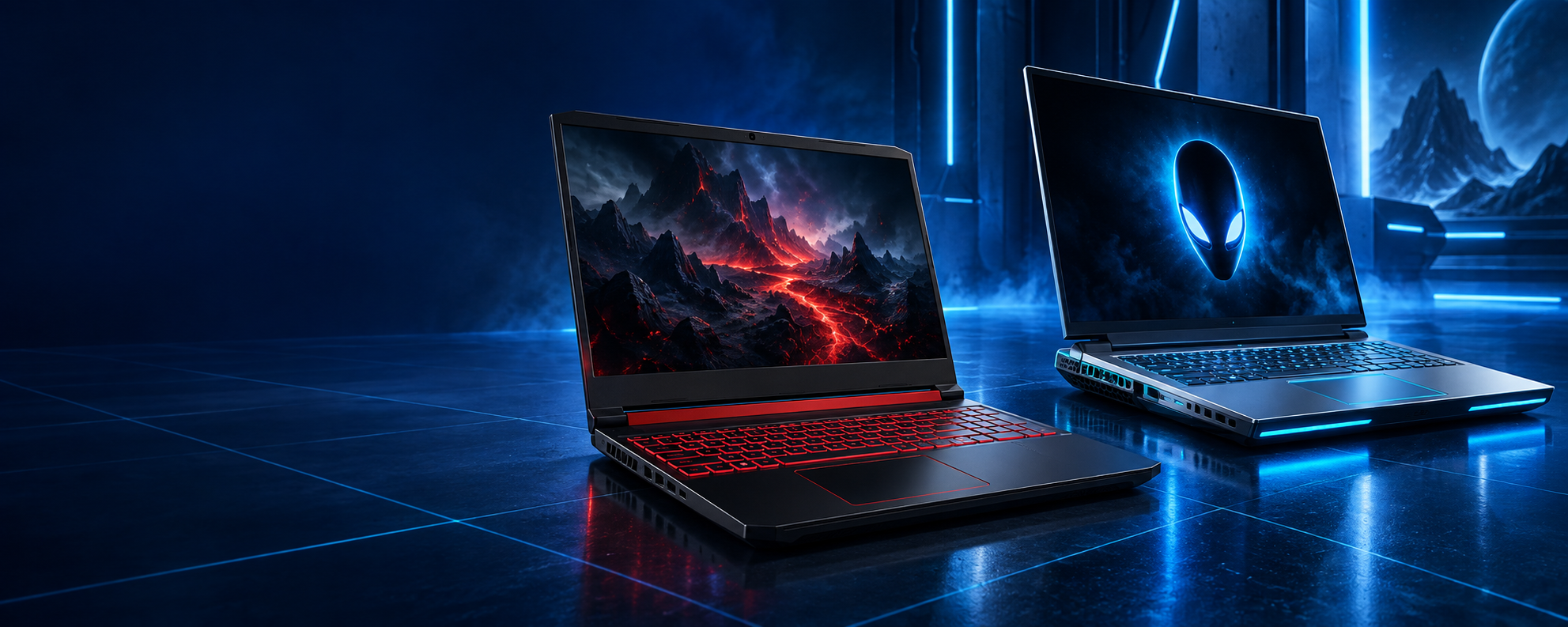 Arte ilustrativa de notebooks gamers inspirados no Acer Nitro e Alienware