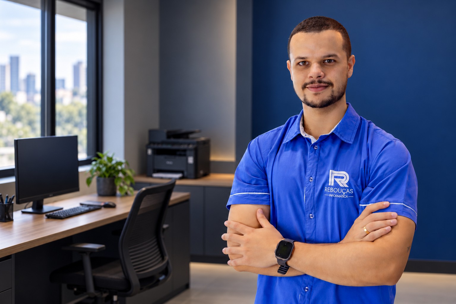 Matheus, proprietário da Rebouças Informática, em composição ilustrativa de ambiente empresarial com computador e impressora