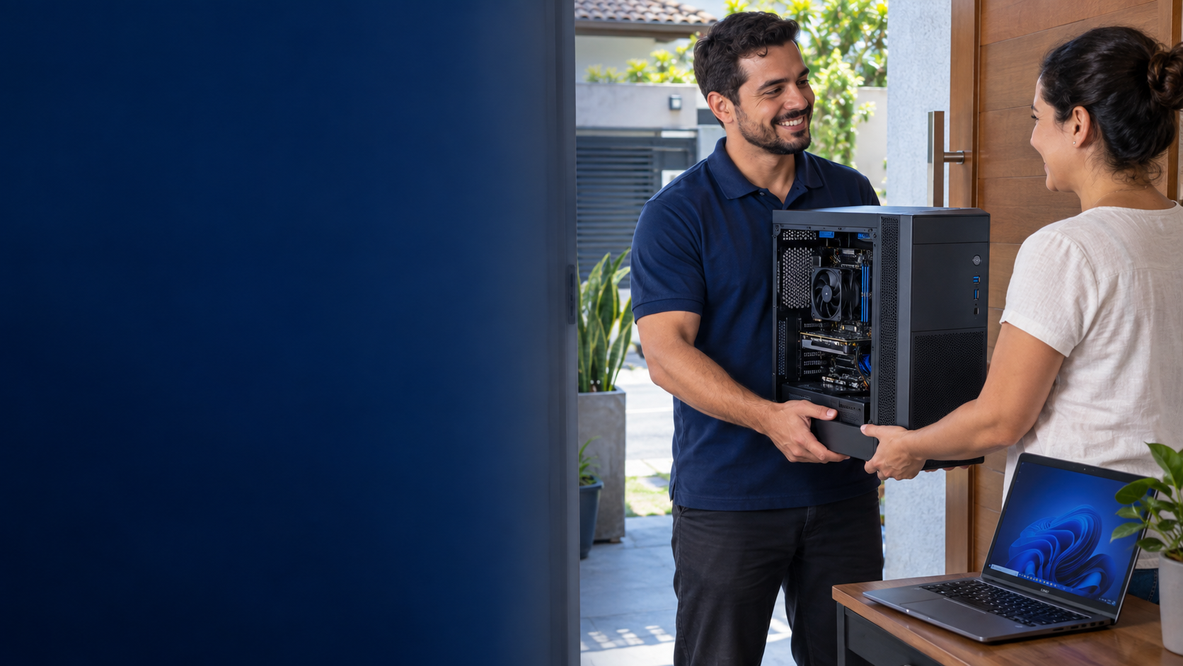 Ilustração de técnico recebendo um computador para manutenção na entrada da casa de uma cliente, com um notebook ao lado